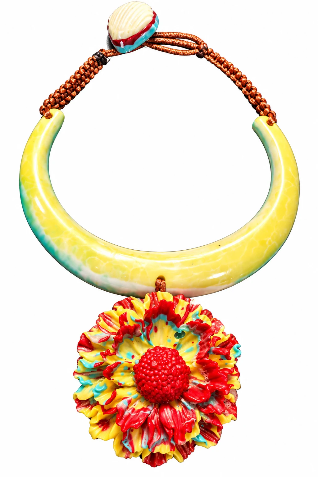 Maxi Colar Gérbera: base amarela escultural com flor gérbera vermelha e toques turquesa, fechamento artesanal