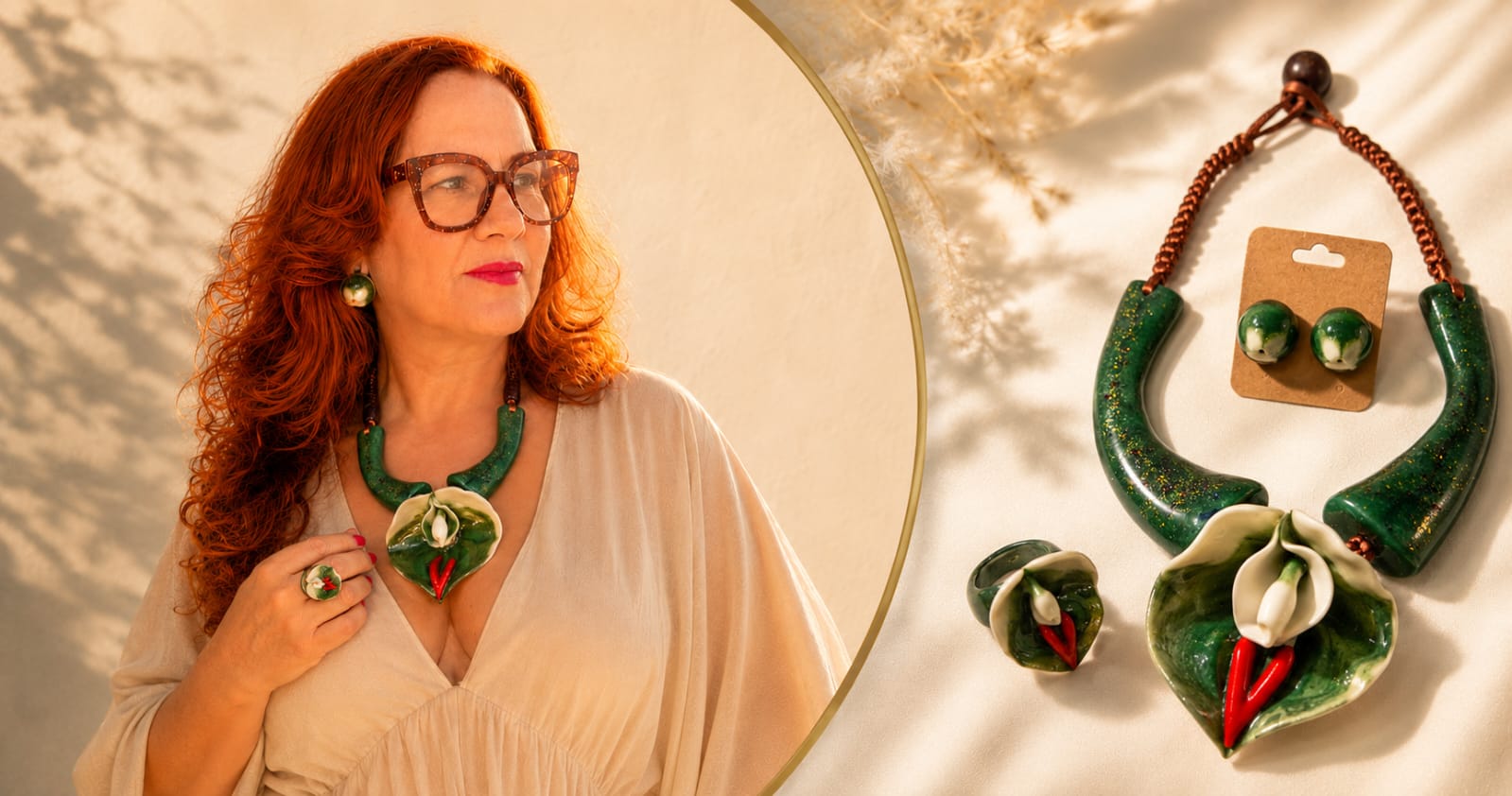 Rose Matias usando colar verde com flor copo-de-leite ao lado do conjunto completo